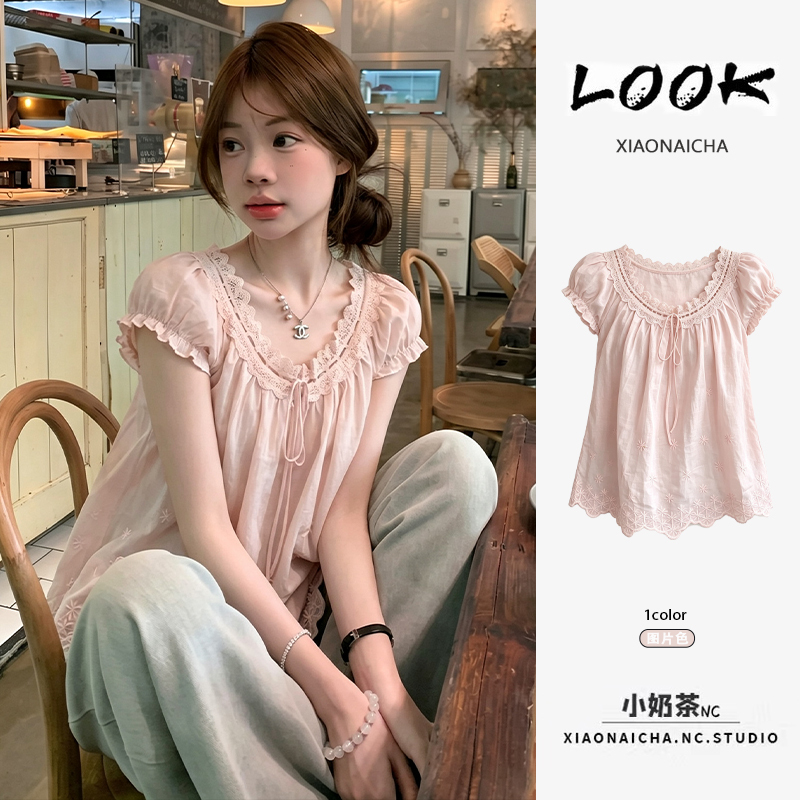 Pink Girly Style Puff-Sleeved Babydoll Shirt for Women in Summer, Short-Sleeved Lace-Trimmed Age-Reducing Shirt Top for Small People Pink Girly Style Puff-Sleeved Babydoll Shirt for Women in Summer, Short-Sleeved Lace-Trimmed Age-Reducing Shirt Top for Small People