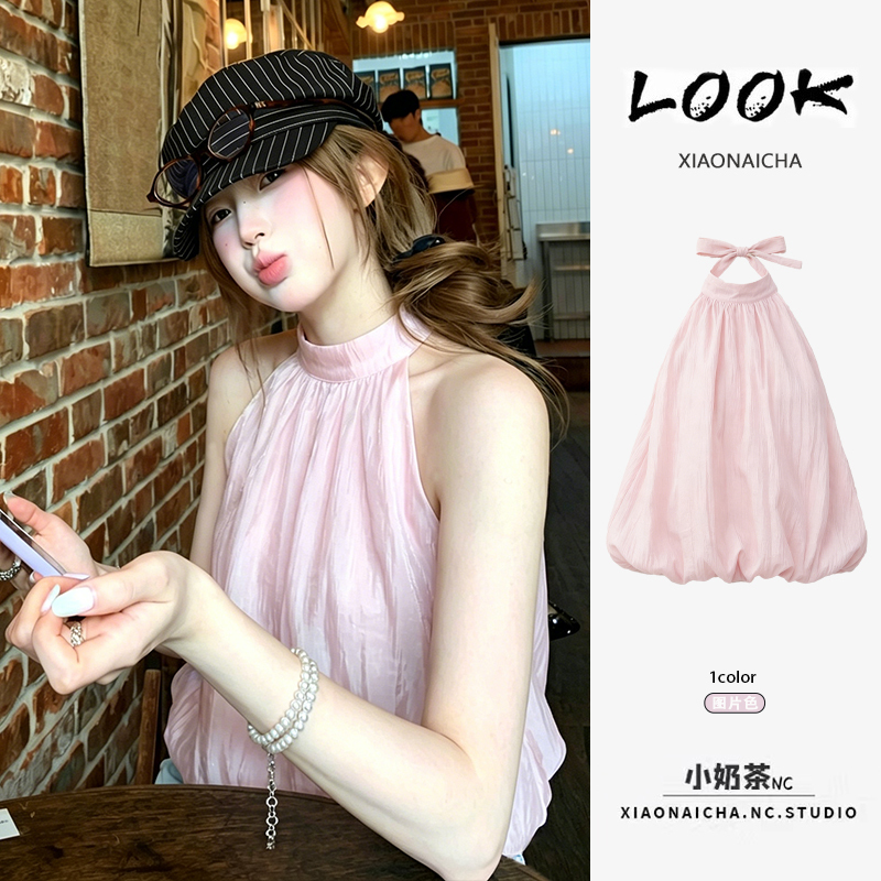 Korean Style Outfit Pink Halter Neck Tie Sleeveless Vest for Women Summer 2026 New Sweet and Unique Flower Bud Top Korean Style Outfit Pink Halter Neck Tie Sleeveless Vest for Women Summer 2026 New Sweet and Unique Flower Bud Top