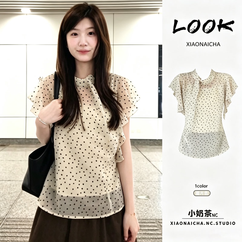 Korean-Style Gentle Style Polka-Dot Chiffon Shirt with Ruffled Sleeves and Suspender Top for Women, New Summer Design, Layered Two-Piece Set Korean-Style Gentle Style Polka-Dot Chiffon Shirt with Ruffled Sleeves and Suspender Top for Women, New Summer Design, Layered Two-Piece Set