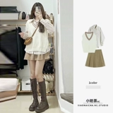 Осенний ретро трикотажный жилет, рубашка, юбка, комплект, 2023, подходит для подростков, 3 предмета