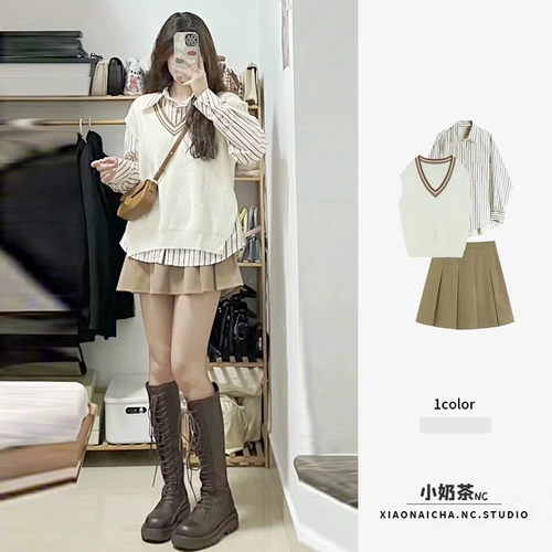 Осенний ретро трикотажный жилет, рубашка, юбка, комплект, 2023, подходит для подростков, 3 предмета