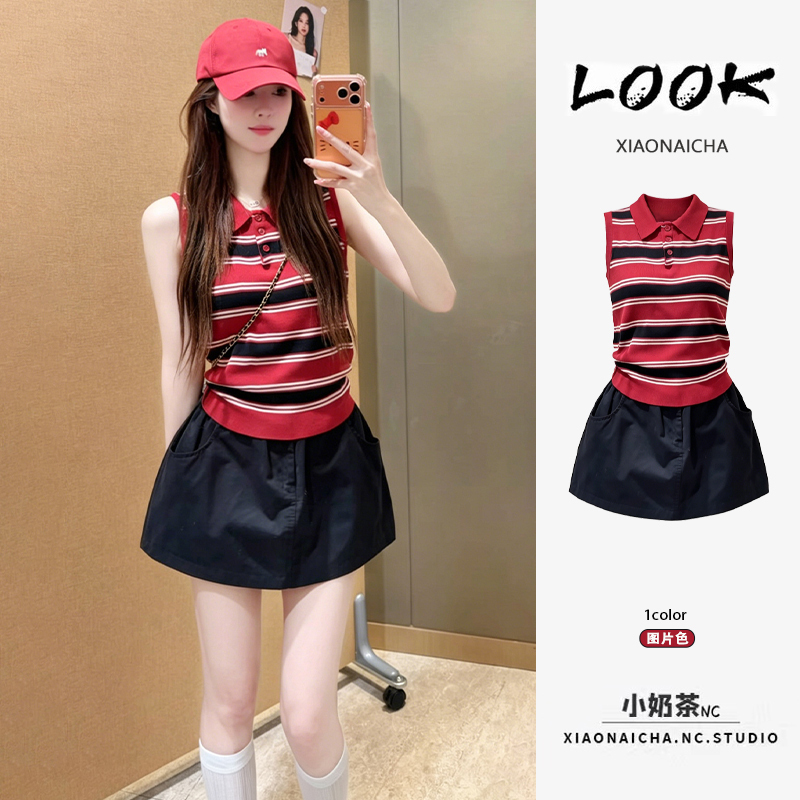 American-Style Casual Retro Color-Block Striped Lapel Vest Top for Women, Slimming Versatile A-Line Short Skirt Two-Piece Set for Summer