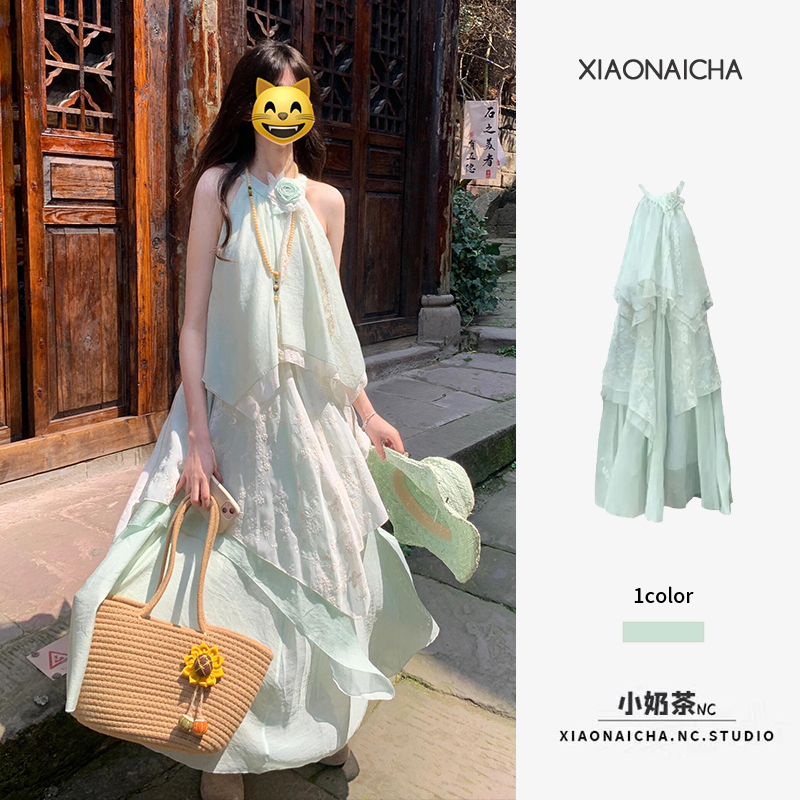 Mint Green Mambo Style Seaside Vacation Halter Neck Dress for Petite Women with a Unique Design and Irregular Patchwork Long Skirt for Summer