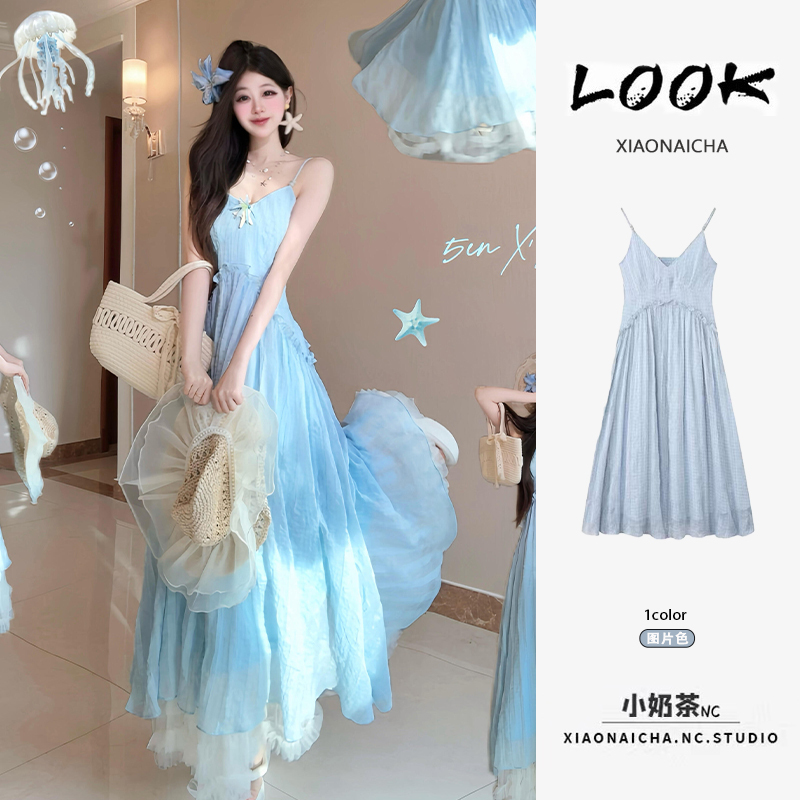 Beach Resort Style Blue Suspender Dress for Women, Summer Wear, High-End Fashion, Beautiful Loose Fairy Dress, Long Dress