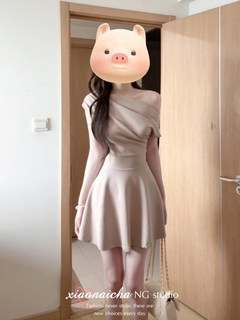 Korean style khaki slant collar off-shoulder dress for women summer new high-end chic fashionable waist skirt