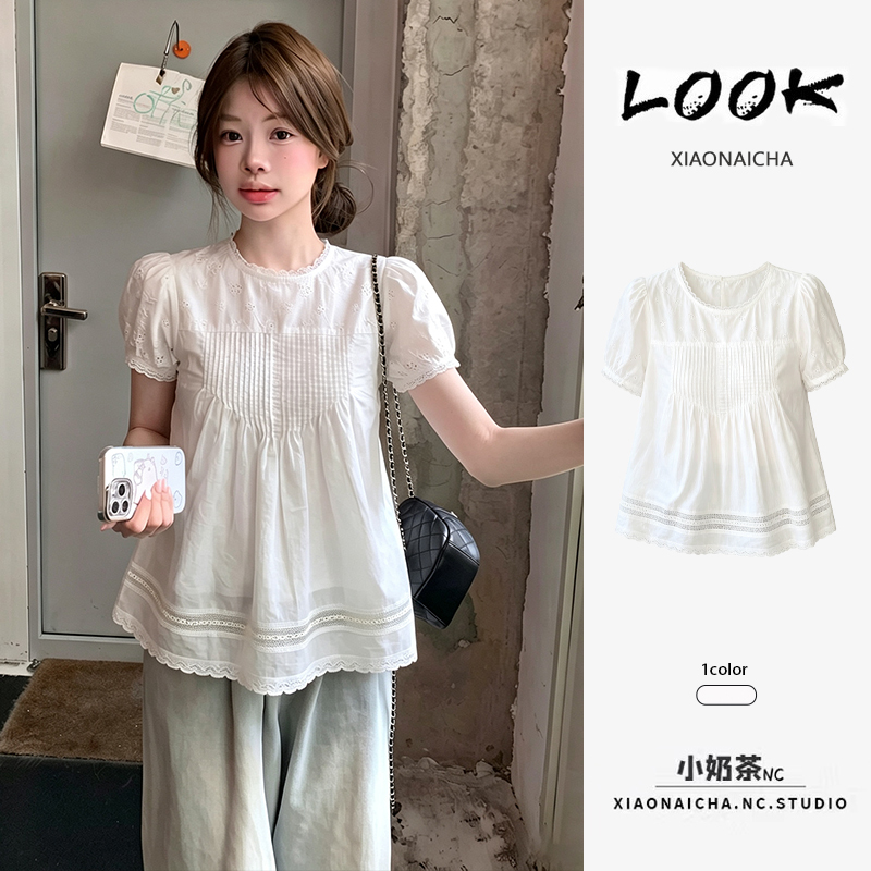 Korean-Style Girly White Lace-Trimmed Puff-Sleeve Shirt for Women, Summer Short-Sleeve Top for Petite Figures, Sweet and Youthful