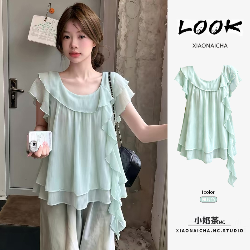 Mint Green Lotus Leaf Collar Short-Sleeved Shirt for Women Summer 2026 New Style Irregular Ribbon Unique and Beautiful Chiffon Top