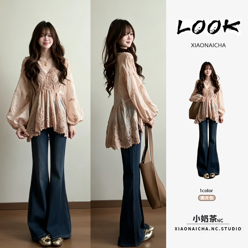 New Chinese-Style Pink Lace Embroidered V-Neck Lantern Sleeve Shirt for Women, Autumn New Design, Slimming and Versatile Top New Chinese-Style Pink Lace Embroidered V-Neck Lantern Sleeve Shirt for Women, Autumn New Design, Slimming and Versatile Top