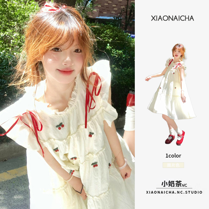 White Girly Dress with Small Flutter Sleeves and Cherry Embroidery for Women, Summer Loose Fit, Age-Reducing Short Dress for Petite Figures White Girly Dress with Small Flutter Sleeves and Cherry Embroidery for Women, Summer Loose Fit, Age-Reducing Short Dress for Petite Figures