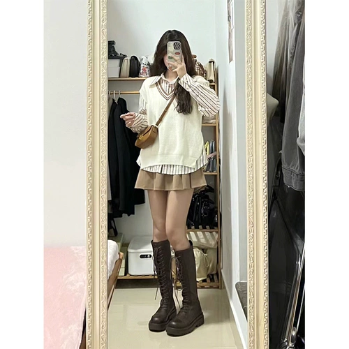 Осенний ретро трикотажный жилет, рубашка, юбка, комплект, 2023, подходит для подростков, 3 предмета