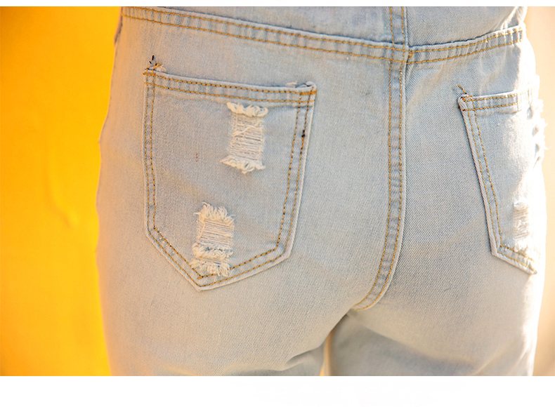 Daixi phụ nữ mang thai mùa hè ăn mặc lỗ rửa jeans cắt quần chân quần cũ mang thai dạ dày quần thang J7418