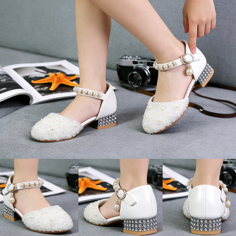Girls' White Princess High Heels, Kidsren's Crystal Pearl Shoes, Flower Girl Dress Performance Shoes, Little Girl's Catwalk Shoes