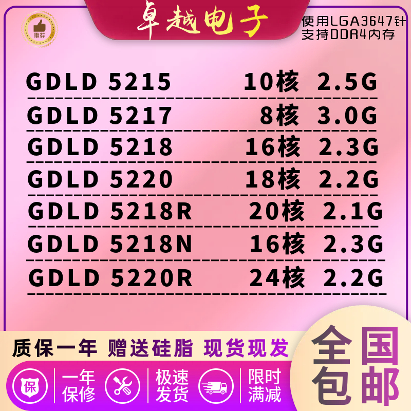 Intel Xeon/5215 5217 5218 5220 5218R 5218N 5220R Gold Medal 3647-Pin Cpu