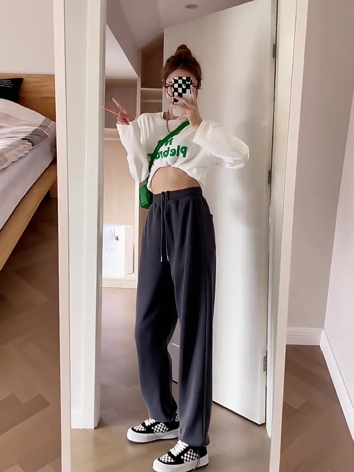 Gray broad legs pants 2022 new loose straight tub beam feeder pants spring small sports pants