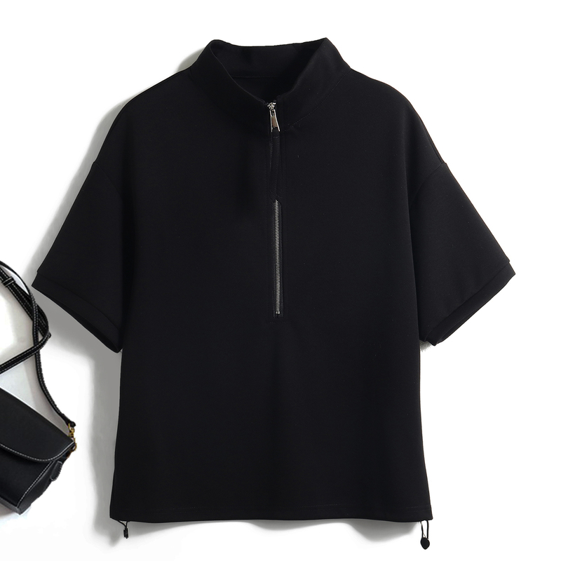 European Style Black Stand Collar Half-Zip Short-Sleeve T-Shirt for Women, Air Cotton Versatile Loose Plus-Size Fashion Casual Top