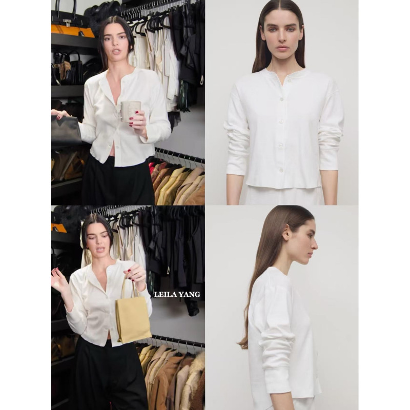 Kendall Jenner Style Tr Henry Collar High-Thread-Count Combed Cotton Soft Matte Texture Air-Conditioning Shirt Knit Cardigan