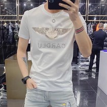 Short-sleeved T-shirt Mens Tide Brand Fashion Summer Thin Mens Trend Personality Hot Diamond Slim Cotton Half-Sleeve Top
