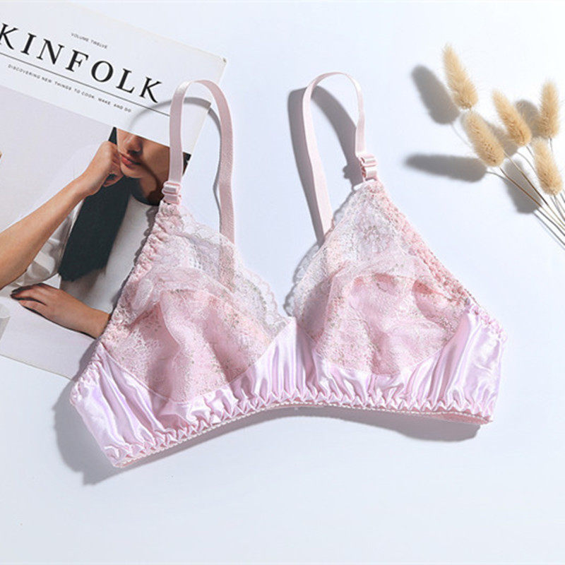 Lady Double-sided Real Silk Bra No Steel Ring No Sponge Bra Mulberry Silk Lace Side Ultra Slim Double Shoulder Strap Underwear