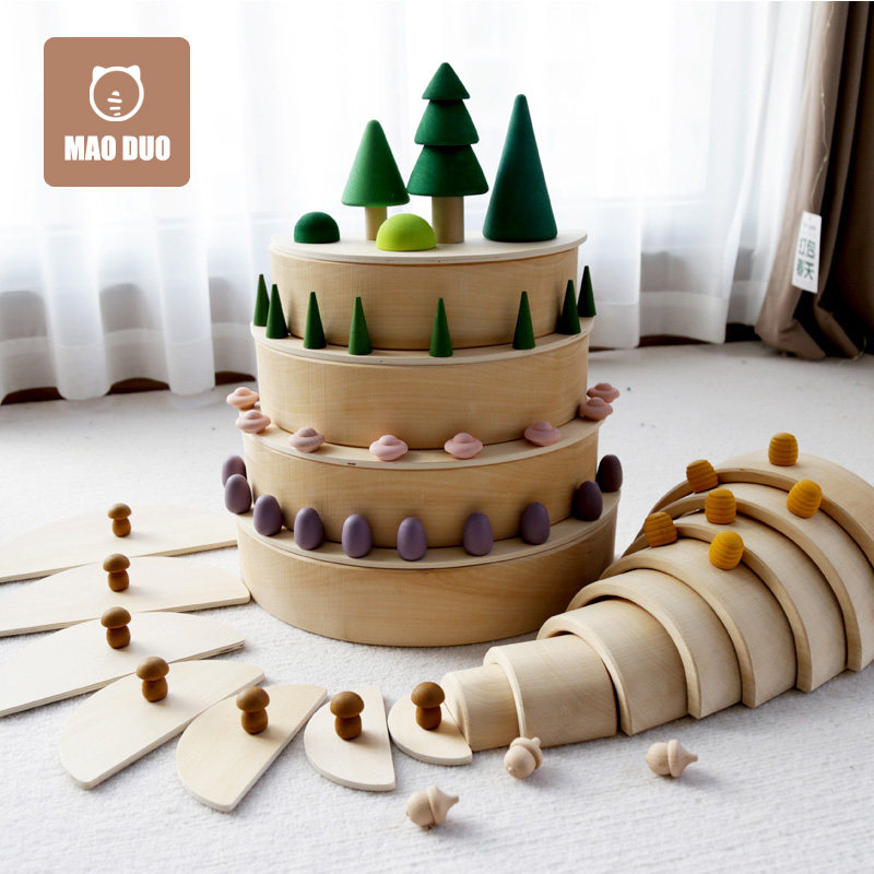 Cat Children early teach wooden blocks without paint toys to build 2 - 3 - 6 years old boy and girl Yi Yi Enlightenment baby