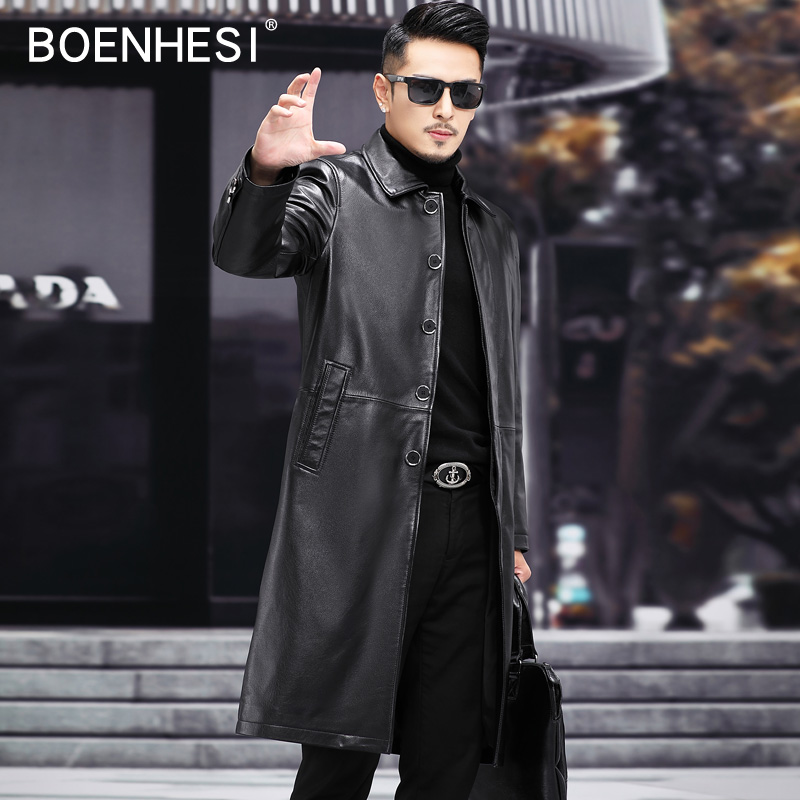 Autumn and winter new Haining genuine leather jacket men's long version over-the-knee leather windbreaker cowhide lapel down jacket mink fur collar