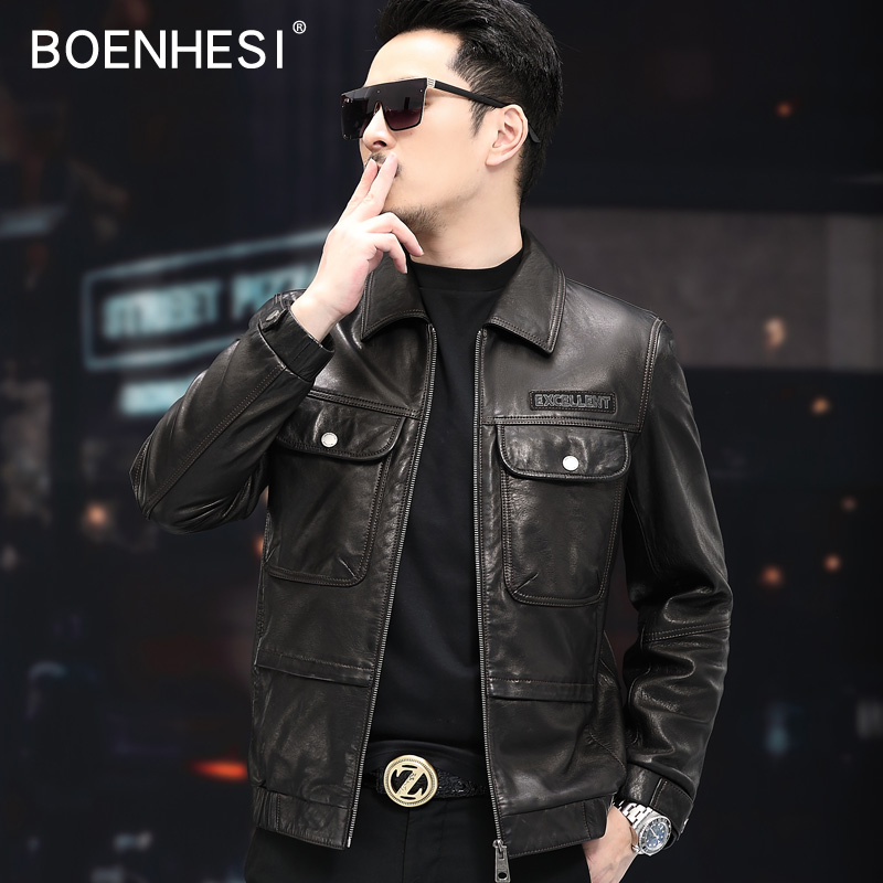 New Haining men's genuine leather jacket short leather jacket lapel motorcycle clothing oil wax sheepskin single-layer thin leather