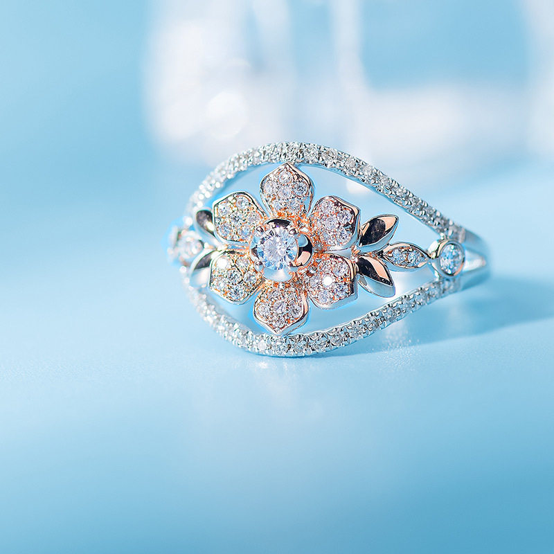 Jun Huang jewelry 18K gold diamond ring Beautiful cherry blossom diamond ring Fashion rose gold ring ring ring Female