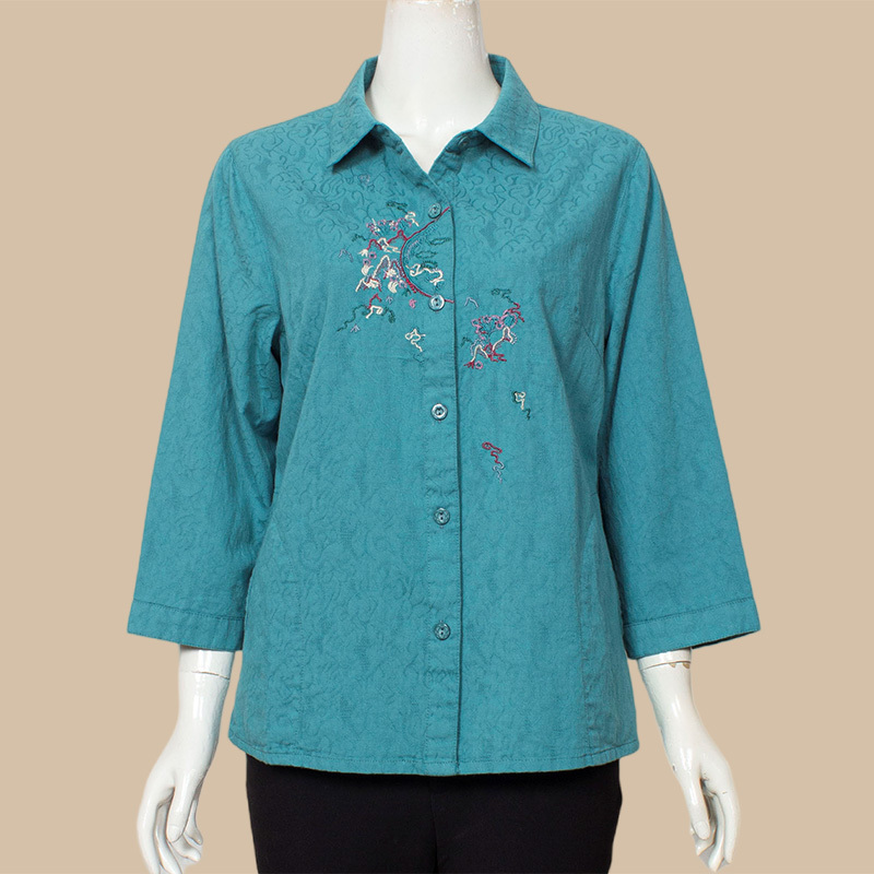 Middle-Aged and Elderly Mothers' Spring and Summer Pure Cotton Shirts, Women's Jacquard Three-Quarter Sleeve Tops, Grandma's Embroidered Shirts, Summer Thin Outerwear