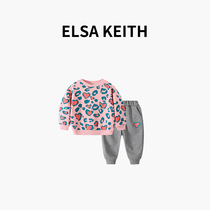 Japanese childrens clothing ELSA KEITH Girls suit 2022 new Korean version of the Westwater Loving Lips Printed Two Sets