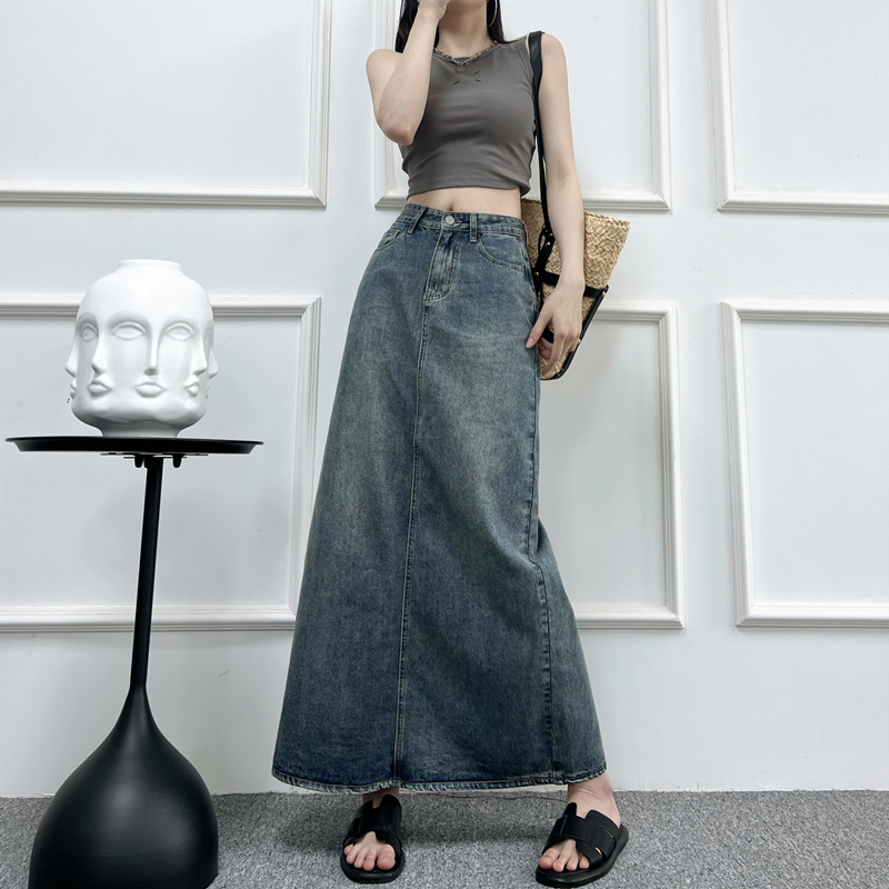 175cm Tall Women's Vintage Slit Denim Skirt, Summer High-Waisted Midi Skirt, Hip-Covering, Slimming, Body-Hugging Long Skirt