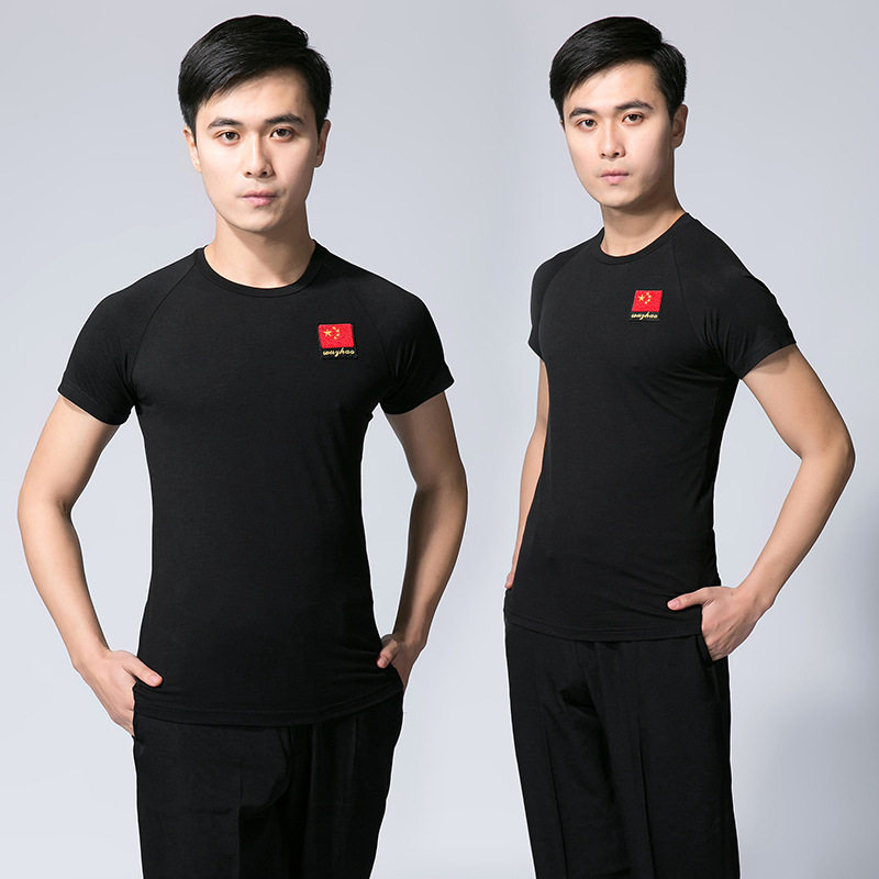 Latin Dance Short Sleeve T-shirt Adult Friendship Modern National Standard Dance Dress Men's Flag Crewneck Jacket Black