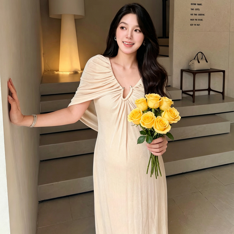 Maternity Wear Summer New Style French Romantic V-Neck Pearl Button Cape Shawl Dress Elegant Slimming Mid-Length Dress Maternity Wear Summer New Style French Romantic V-Neck Pearl Button Cape Shawl Dress Elegant Slimming Mid-Length Dress
