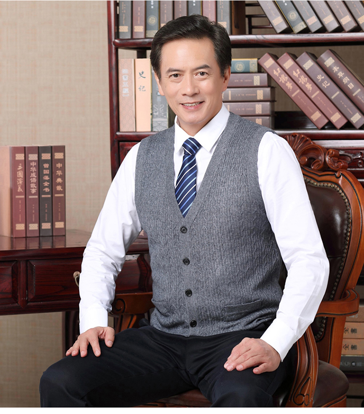 Mùa thu và mùa đông áo len nam đan áo len nam trung niên không tay áo lỏng v-cổ vest cha ông già vest áo len không tay nam