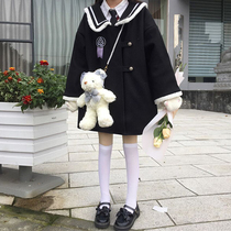  Winter wool coat thickened small navy collar loose Korean version of the middle and long autumn and winter black wool coat female
