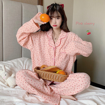 Sweet Cherry small lapel long sleeve pajamas female spring and autumn 2021 New pajama pants can be worn outside home clothes two-piece set