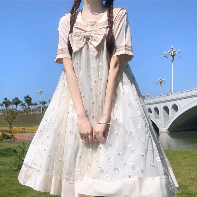 Small Skirt 2022 Summer New Day Ensemble Sweet navy Bow Tie Korean Version Small Daisy Mesh Yarn Foreign Dress