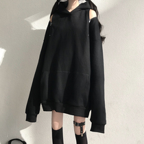  Sweater 2021 new female Korean loose early autumn thin section hooded lazy wind mid-length cool black top