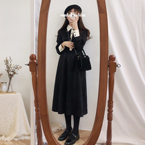 Retro French romantic black dress Contrast color lapel dress women spring dress 2021 New Korean version waist slim skirt