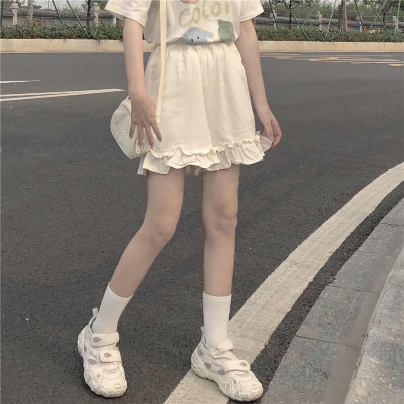Pants 2022 Summer new Korean version 100 hitch Loose Waist Loose Lotus Leaf Side Wide-leg Shorts Casual Pants Schoolgirl