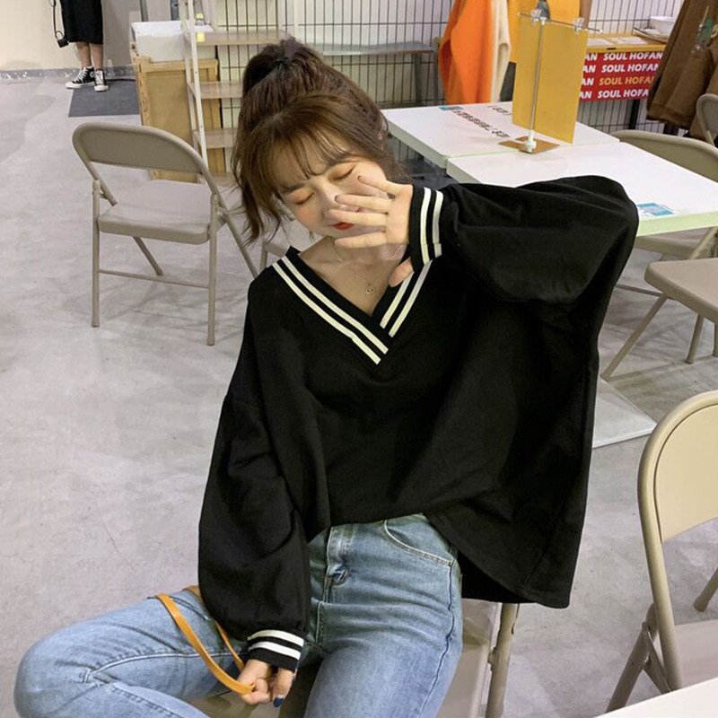 2022 New Korean version V collar loose without cap head casual blouse Women in spring and autumn with long sleeves Lazy Wind Blouses