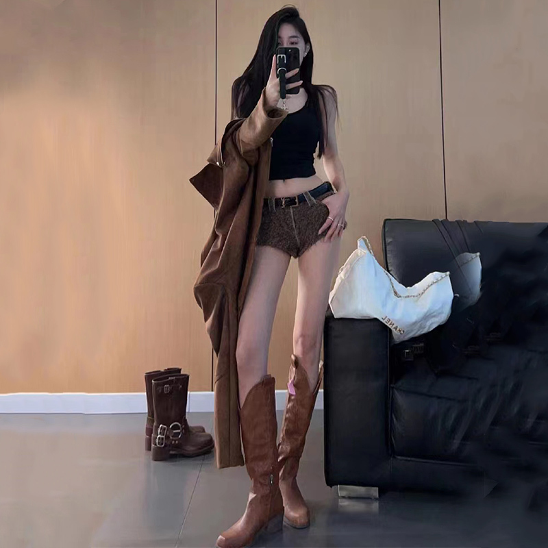 Brown Knee-High Boots with Chunky Heels, 2026 New Vintage Western Cowboy Biker High Boots for Women