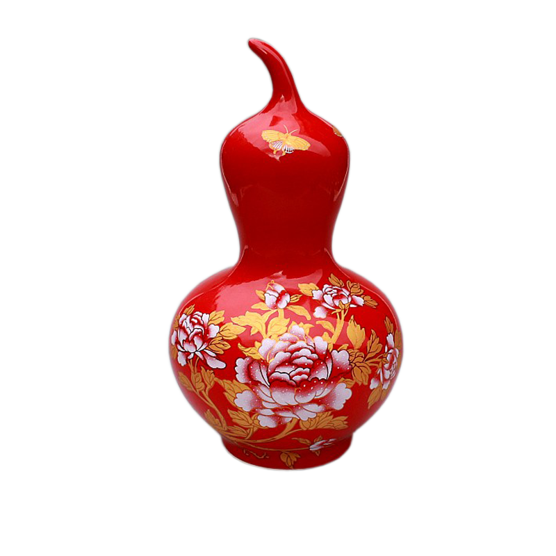 Jingdezhen red paint peony gourd ceramic bottle gourd shape ornament furniture