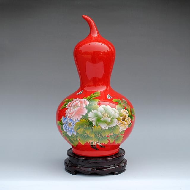 Jingdezhen red paint peony gourd ceramic bottle gourd shape ornament furniture