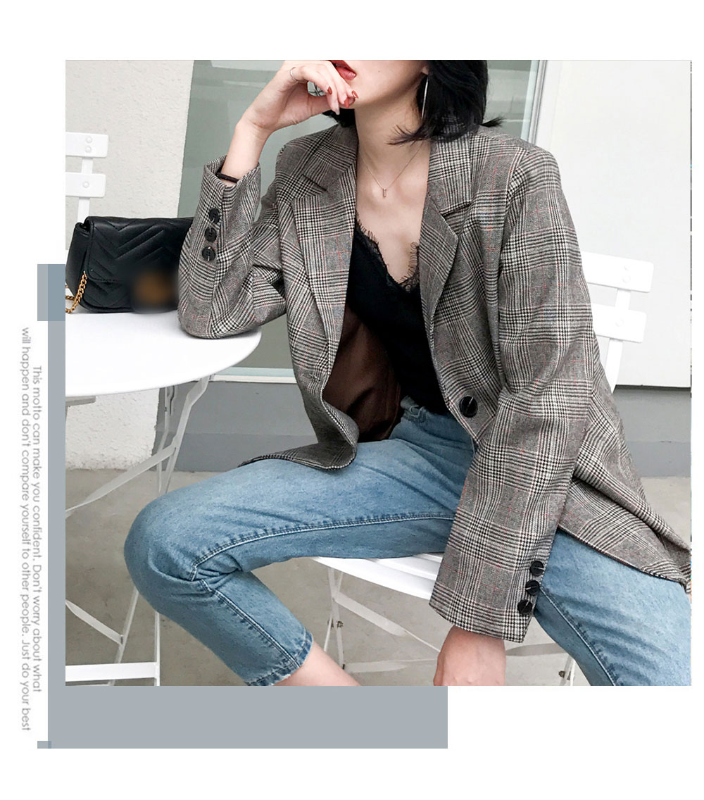Phiên bản Hàn Quốc cổ điển của chiếc áo khoác kẻ sọc houndstooth retro trong phần dài của bộ đồ nhỏ sang trọng phù hợp với phong cách Anh mùa xuân măng tô nữ