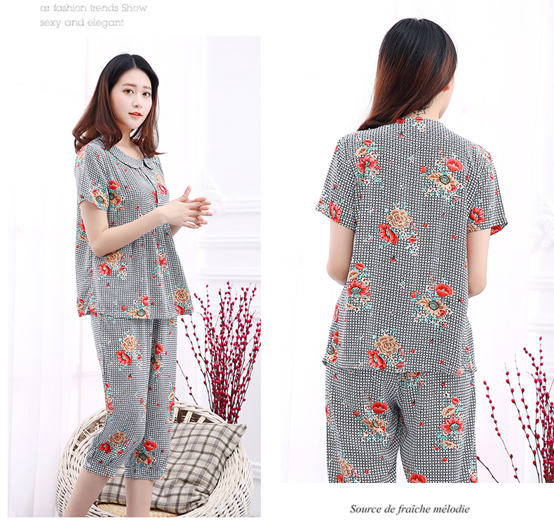 Mei Gaoer lụa đồ ngủ phù hợp với nữ mùa hè trung niên in ngắn tay nhân tạo cotton silk đồ ngủ mặc dịch vụ nhà