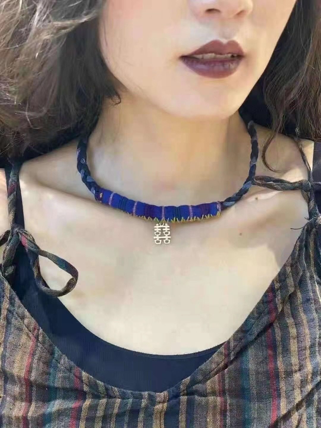 Cotton and linen 2021 new all-match necklace blue dyed plant dyed necklace ethnic style temperament collarbone chain