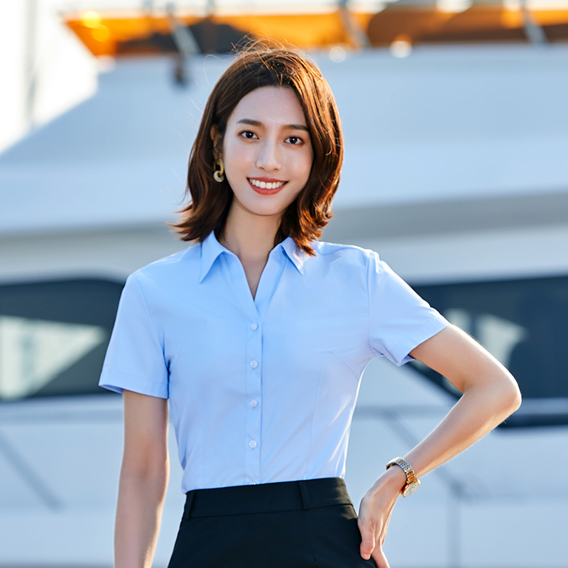 Professional Female Short Sleeve Shirt Summer Closeout Slim V collar pure color Sales dark buckle workwear Shallow Blue Temperament High-end-Taobao