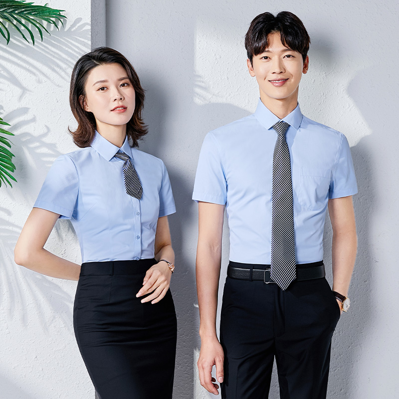 Men and women with the same professional shirt Women's short-sleeved summer work clothes square collar slim interview business dress striped shirt