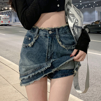 Retro Denim Short Skirt Woman 2023 Summer small Pear-shaped Figure Slim hair style stick a half body dress pants