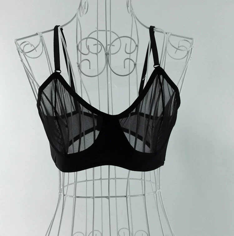 Mùa hè đầy đủ lưới không có vòng thép trong suốt màu đen gợi cảm siêu mỏng nữ bra set đồ lót cám dỗ