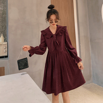 Blue language large size womens fat sister mm temperament age waist pleated skirt 2021 Winter new thin dress